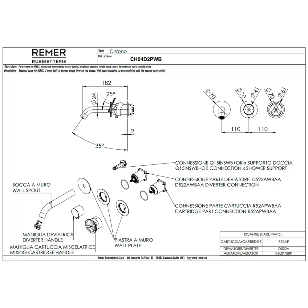 Смеситель для ванны Remer Chrono CH54D2PWBRP, медь брашированная