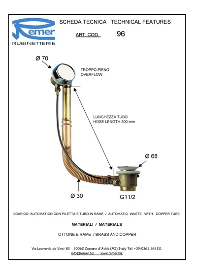 Cлив-перелив для ванны латунный cr хром remer