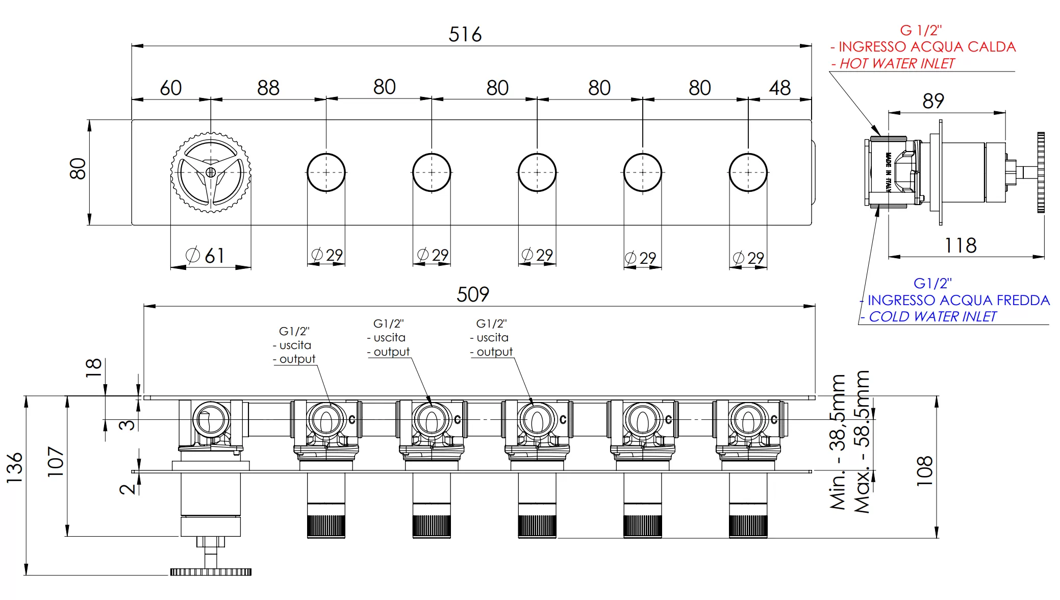 Смеситель для ванны/душа прогрессивный на 5 потоков скрытый монтаж вертикально/горизонтально (скрытая часть в комплекте) chrono cr хром remer