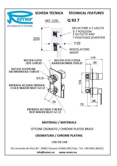 Смеситель для ванны/душа скрытый монтаж на 2 режима на 3 положения и 7 позиций ( с внутренней частью в комплекте) qubika cr хром remer