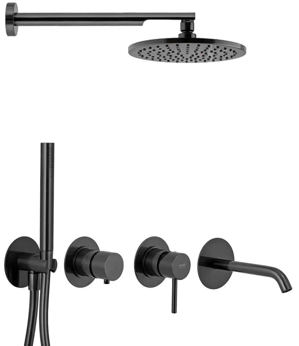 Смеситель для ванны с верхним душем готовый комплект скрытого монтажа (душевой набор и срытая часть в комплекте) x style cfp черный хром брашированный remer