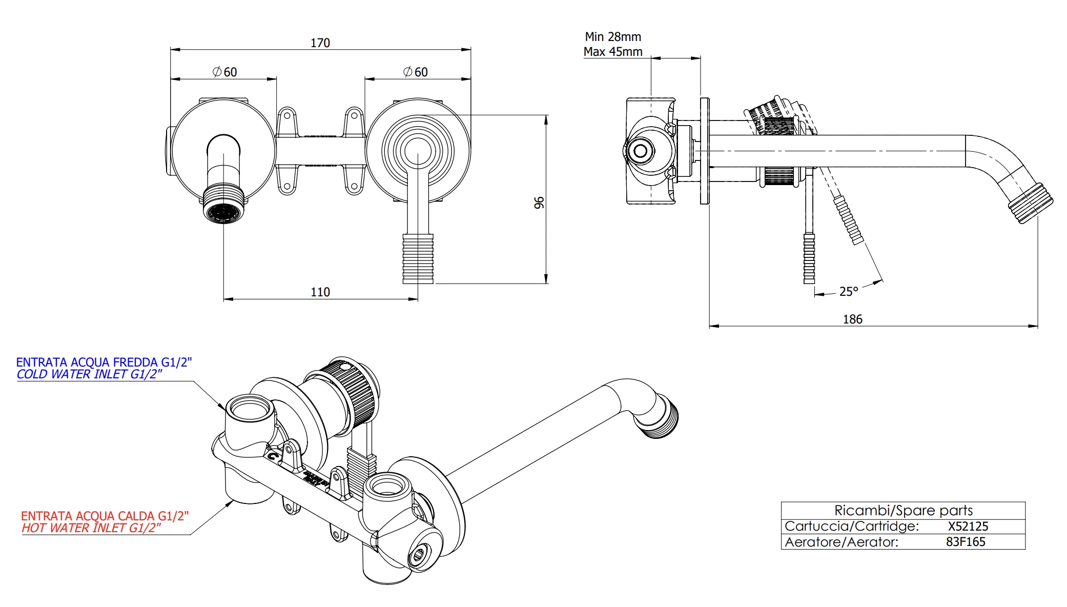Смеситель для раковины настенный скрытого монтажа излив 23см (скрытая часть в комплекте)  atelier cr хром remer