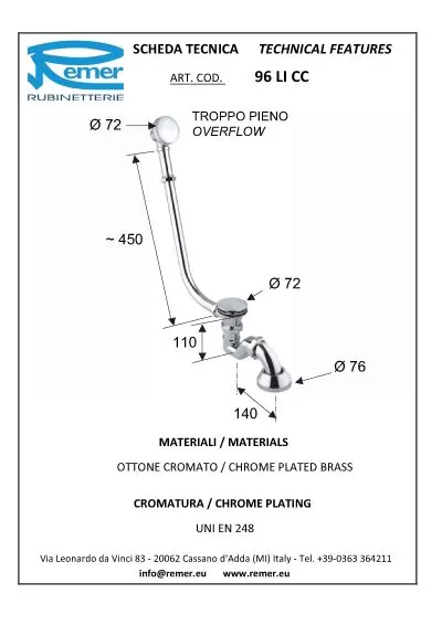 Слив-перелив для отдельностоящих ванн латунный click-clack vo латунь состаренная remer