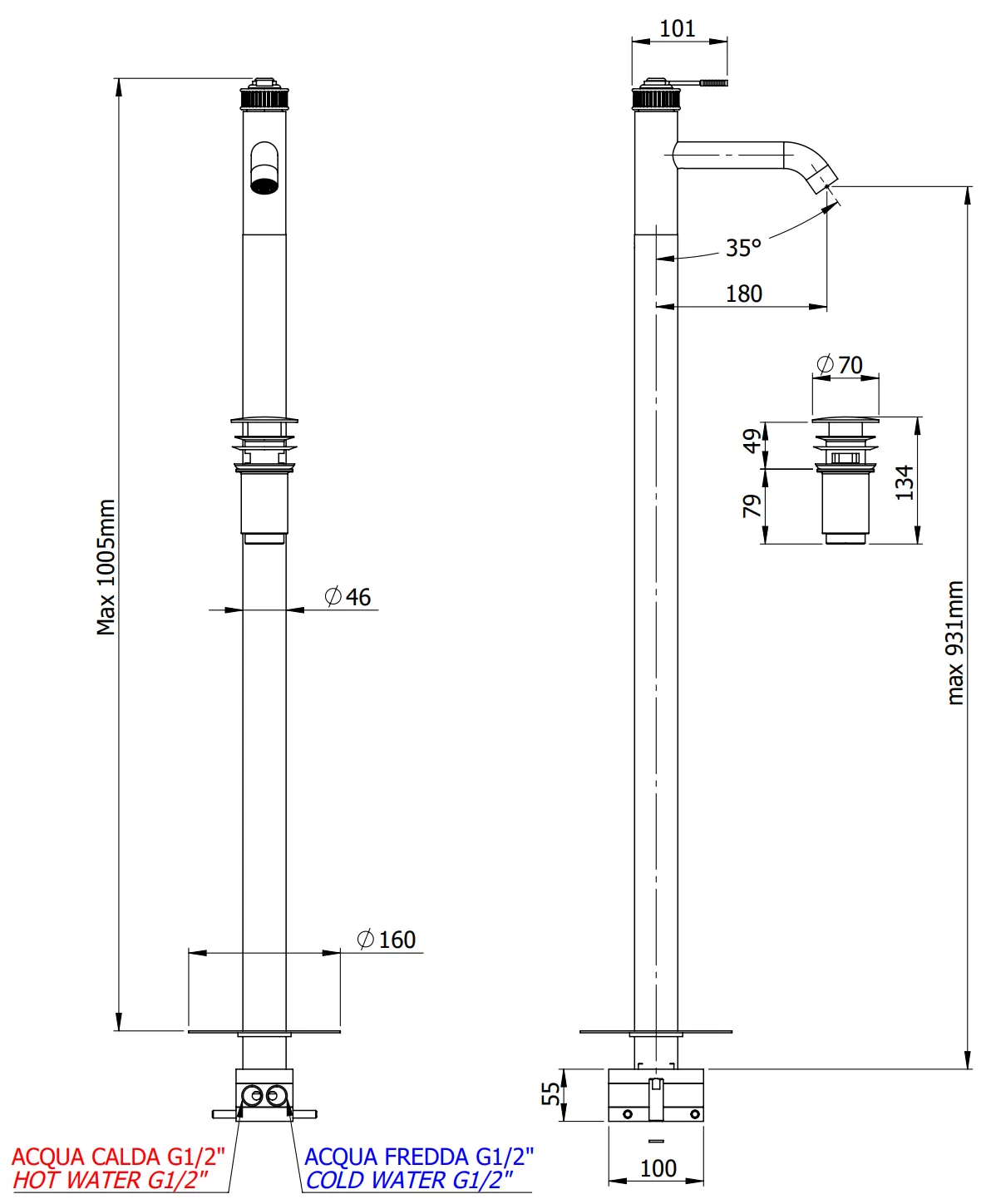 Смеситель для раковины напольный с донным клапаном atelier cr хром remer
