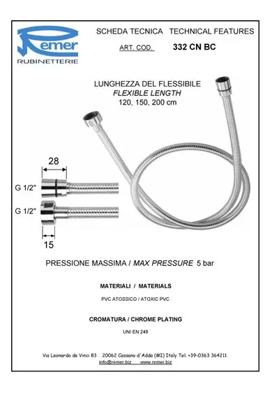 Шланг для душа pvc 150см конусная гайка 150см cr хром remer
