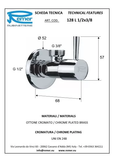 Кран угловой для подключения смесителей 1/2х3/8 cr хром remer