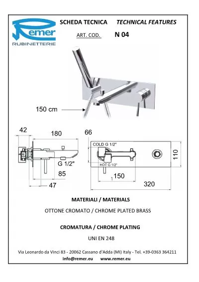 Смеситель для ванны готовый комплект скрытого монтажа (душевой набор и скрытая часть в комплекте) minimal cr хром remer