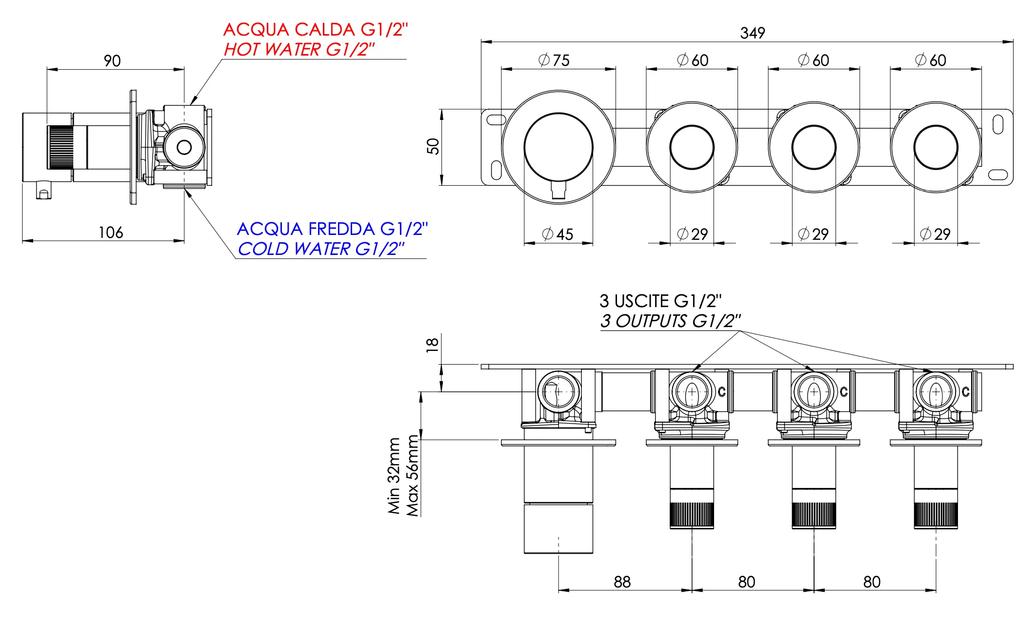 Смеситель для ванны/душа на 3 потока скрытый монтаж вертикально/горизонтально (скрытая часть в комплекте) x style no черный матовый remer
