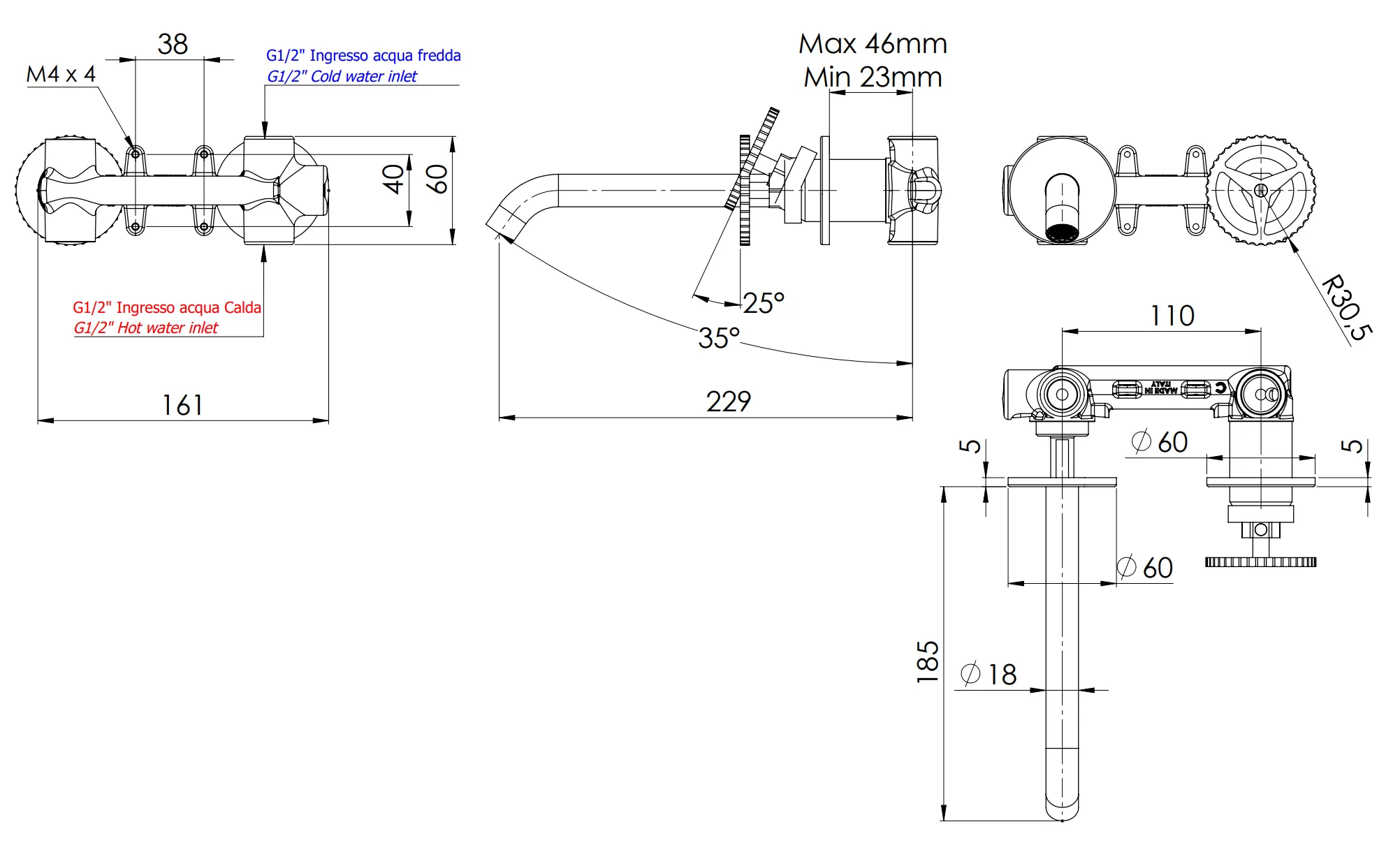 Смеситель для раковины настенный скрытого монтажа излив 23см (скрытая часть в комплекте) chrono cfp черный хром брашированный remer