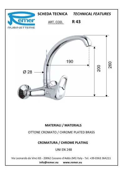 Смеситель для кухни настенный remix cr хром remer