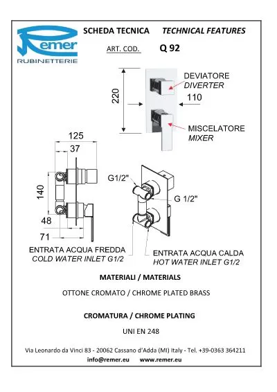 Смеситель для ванны/душа на 2 потока скрытый монтаж (скрытая часть в комплекте) qubika cr хром remer