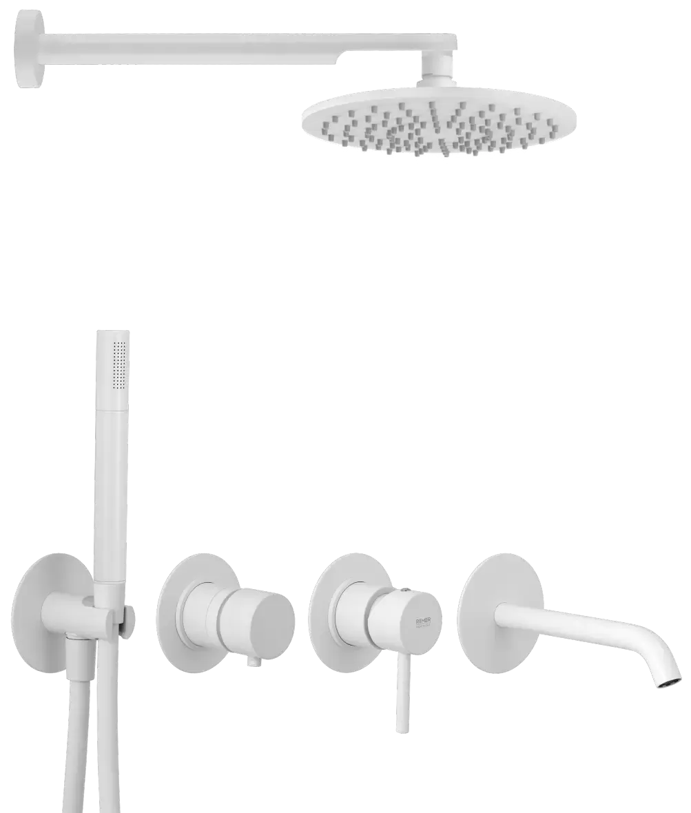 Смеситель для ванны с верхним душем готовый комплект скрытого монтажа (душевой набор и срытая часть в комплекте) x style bo белый матовый remer