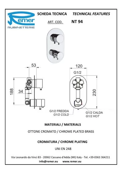 Смеситель для ванны/душа термостатический на 4 потока скрытый монтаж (скрытая часть в комплекте) minimal cr хром remer