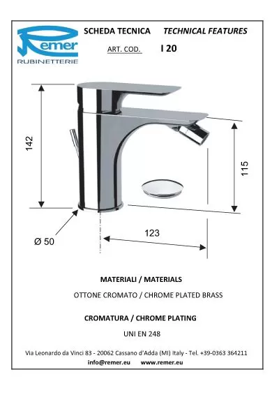 Смеситель для биде с донным клапаном infinity cr хром remer
