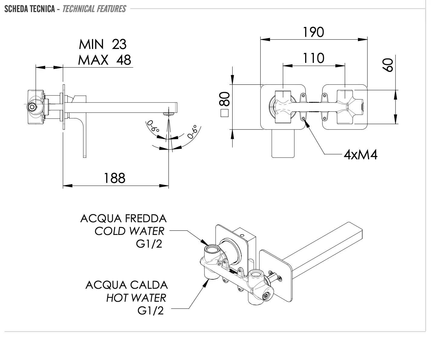 Смеситель для раковины настенный скрытого монтажа излив 19см (скрытая часть в комплекте) absolute no черный матовый remer
