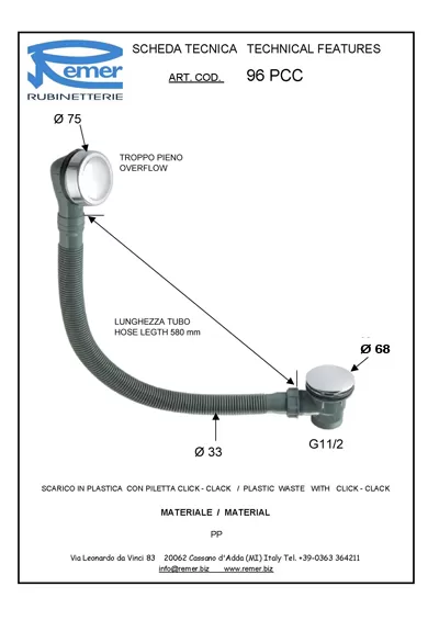 Cлив-перелив для ванны пластик click-clack cr хром remer