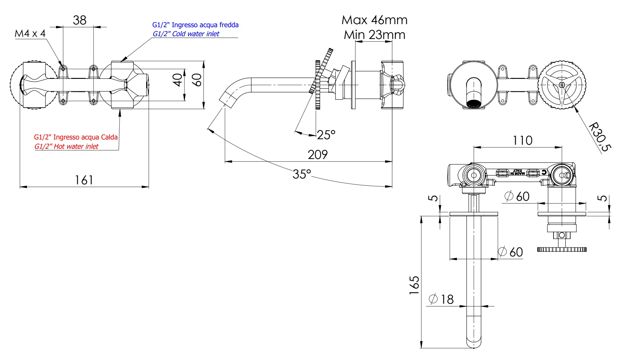 Смеситель для раковины настенный скрытого монтажа излив 18см (скрытая часть в комплекте) chrono cr хром remer