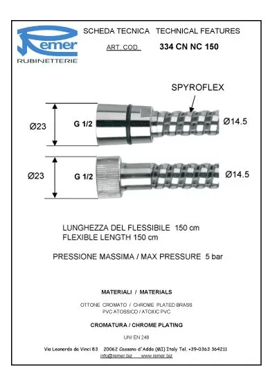 Шланг для душа из pvc конусная гайка 150см cr хром remer