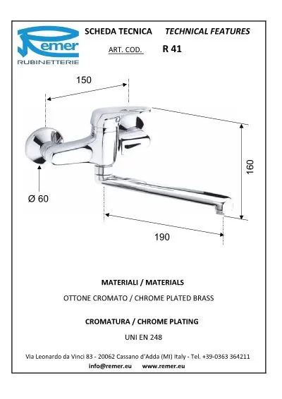 Смеситель для кухни настенный remix cr хром remer