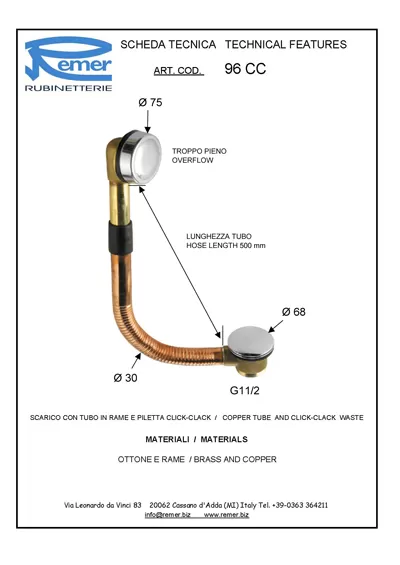Cлив-перелив для ванны латунный click-clack cr хром remer