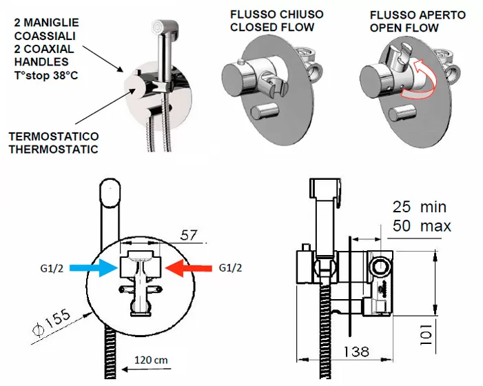Гигиенический душ с термостатическим смесителем скрытого монтажа (душевой шланг и скрытая часть в комплекте) minimal cr хром remer