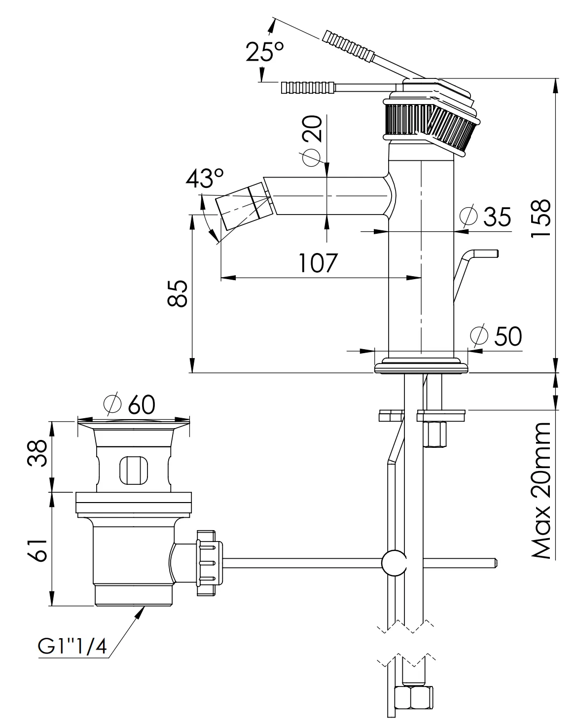 Смеситель для биде с донным клапаном atelier cfp черный хром брашированный remer
