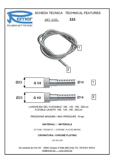 Шланг для душа в латунной оплетке 150см cr хром remer
