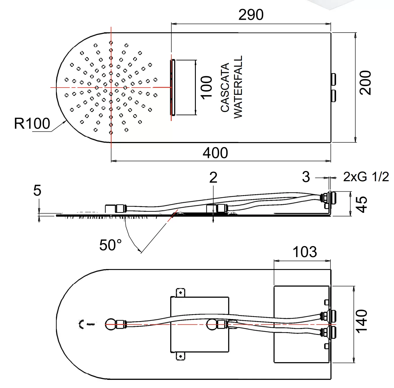 Верхний душ настенный монтаж 2 режима с каскадным душем 50х20 cr хром remer
