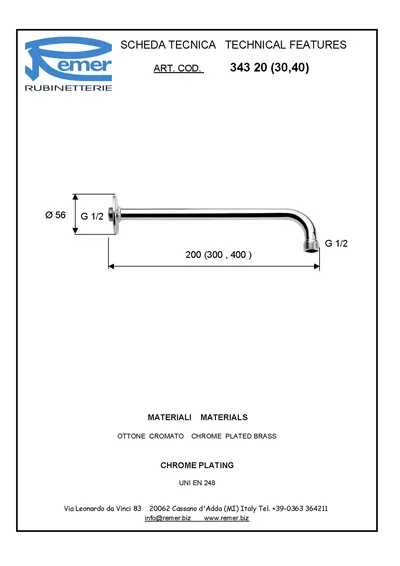 Отвод для душа настенный 30см cr хром remer