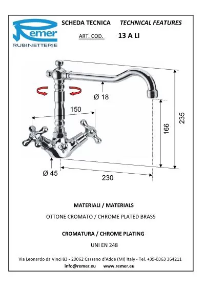 Смеситель для кухни с донным клапаном liberty cr хром remer