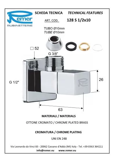 Кран угловой для подключения смесителей 1/2х10 cr хром remer