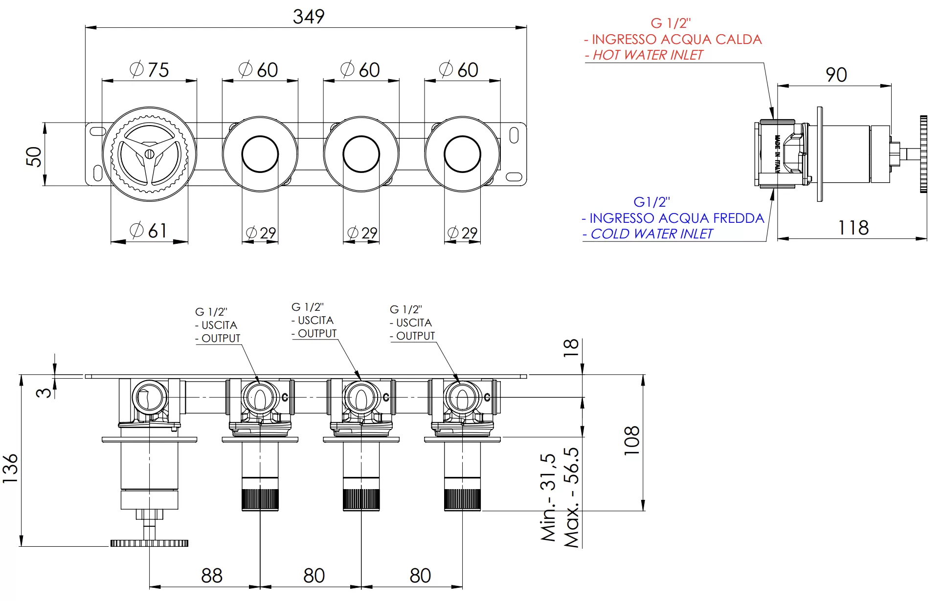 Смеситель для ванны/душа прогрессивный на 3 потока скрытый монтаж вертикально/горизонтально (скрытая часть в комплекте) chrono xv никелированная сталь remer