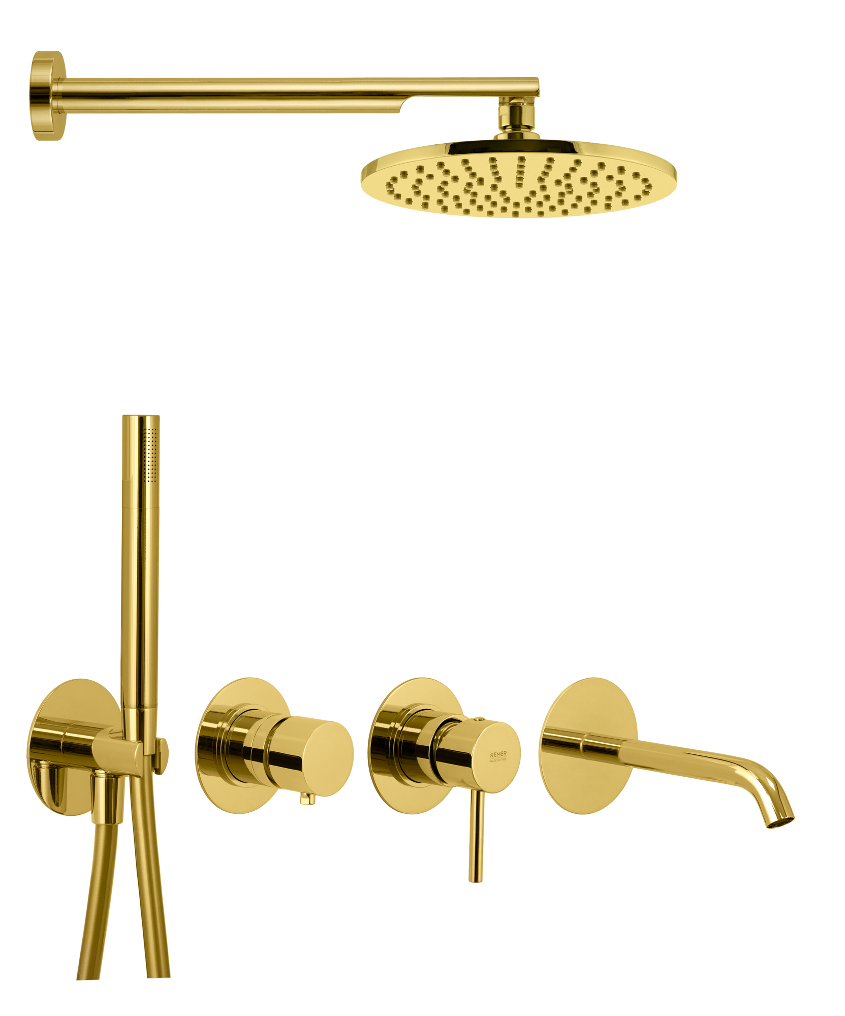 Смеситель для ванны с верхним душем готовый комплект скрытого монтажа (душевой набор и срытая часть в комплекте) do золото remer