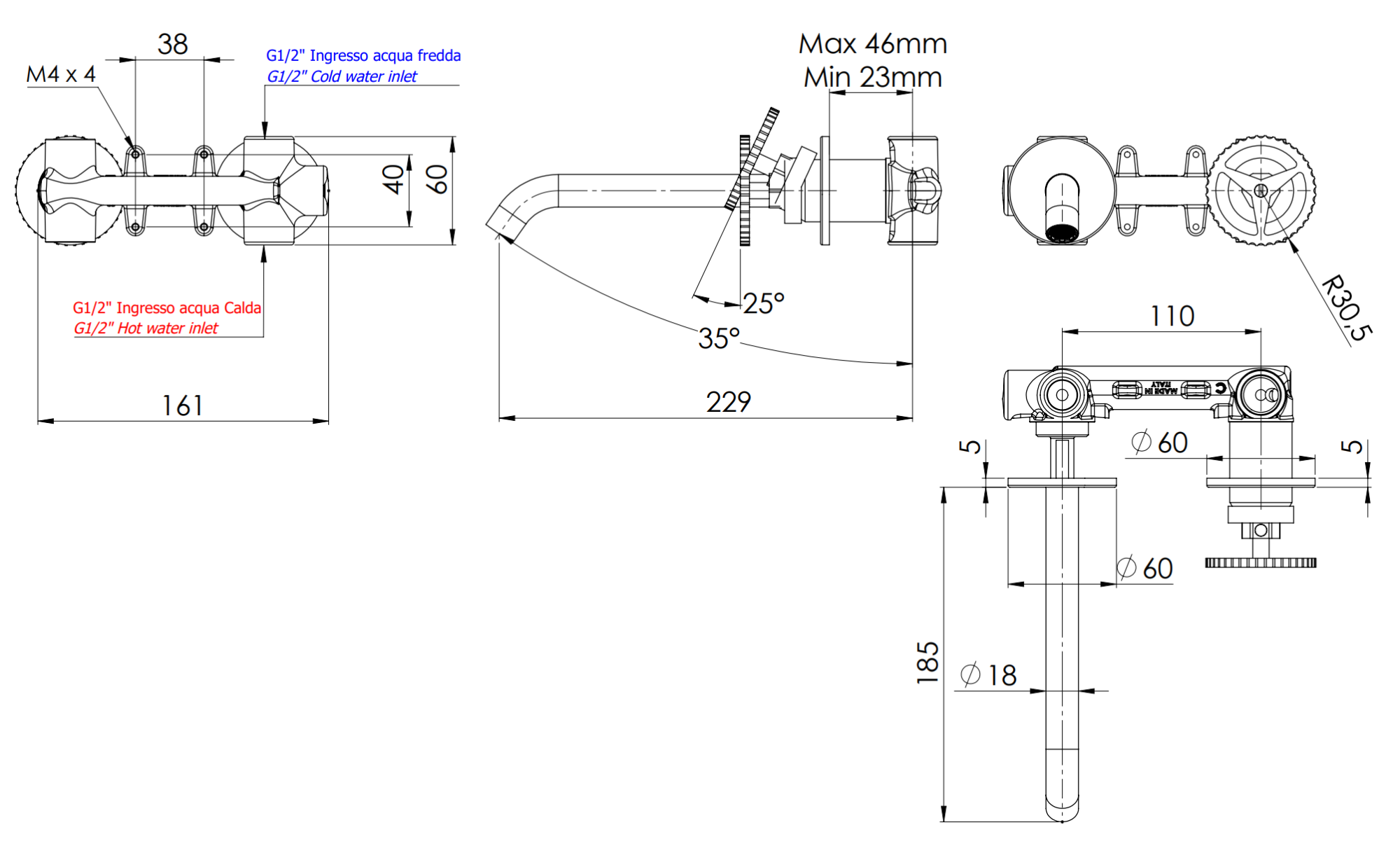 Смеситель для раковины настенный скрытого монтажа излив 23см (скрытая часть в комплекте) chrono no черный матовый remer